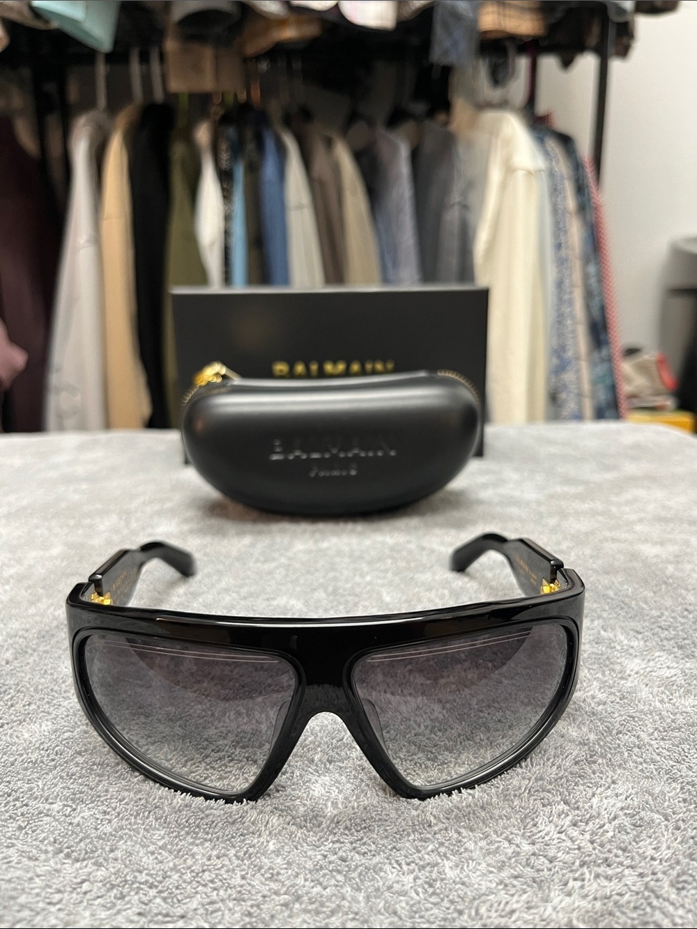 Balmain Paris B-Escape Black Shield Sunglasses with Gold Accents